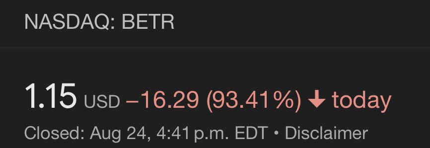 BETTER. COM A MORTGAGE COMPANY BACKED BY SOFTBANK WENT PUBLIC VIA SPAC TODAY THE STOCK PRICE ENDED THE DAY DOWN 93% THE COMPANY WENT FROM BEING WORTH OVER $4 BILLION DOLLARS TO ALMSOT NOTHING OVERNIGHT $BETR