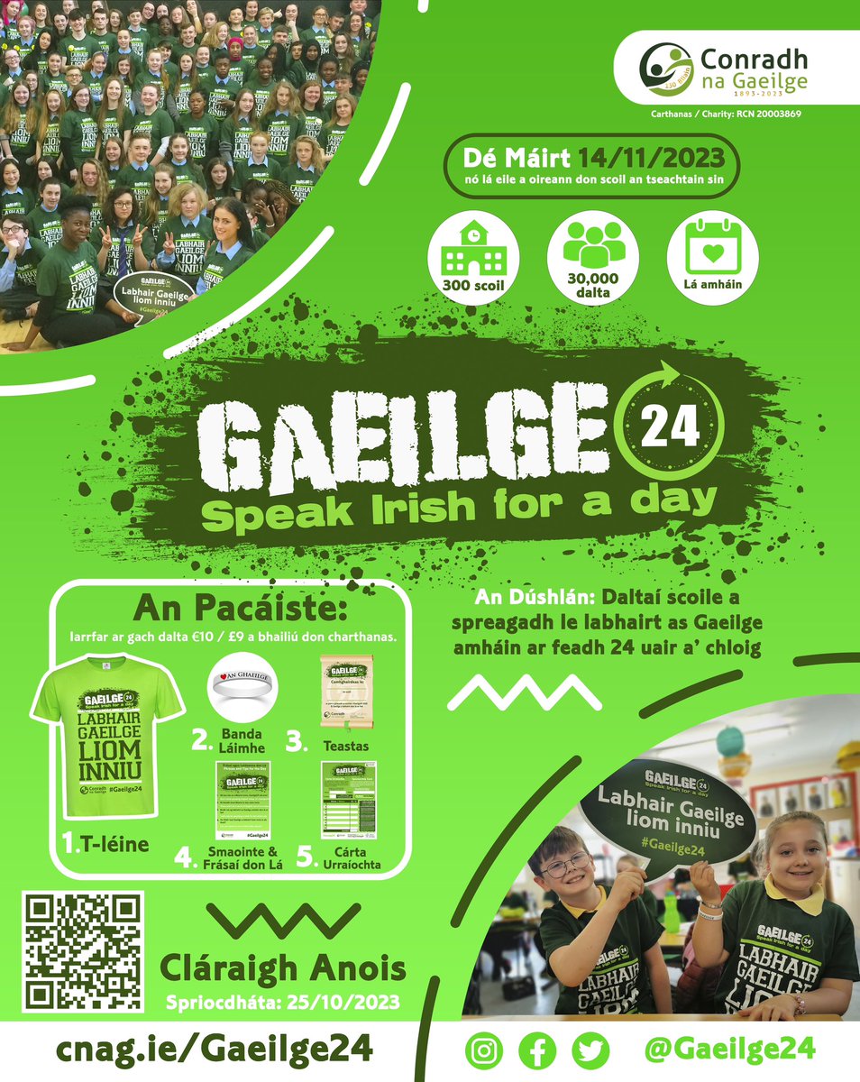 FÓGRA 📣📣📣 Tá clárúchán #Gaeilge24 2023 ar oscailt.

📅 14 SAMHAIN 2023🎉

An lá is fearr sa scoilbhliain ag teacht go luath! Cláraigh anois le cártaí urraíochta a fháil don scoil laistigh de cúpla lá.

Tuilleadh eolais agus clárúchán ar ár suíomh nua ag cnag.ie/Gaeilge24