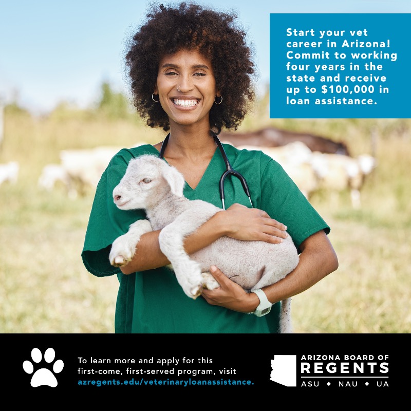 Start your vet career in Arizona! Recently graduated veterinarians can receive up to $100,000 in loan assistance from the Arizona Veterinary Loan Assistance Program!

Learn more at azregents.edu/veterinaryloan…