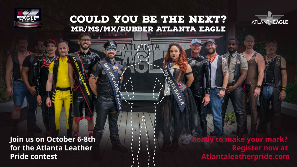 Could you be the next Mr/Ms/MX/Rubber Atlanta Eagle? We are super excited for this year's contest and would love to have YOU as part of it. Contest and Details available at atlantaleatherpride.com/application-de… App deadline 9/22 (Huge thanks to Ames Beckerman photography for the shoot)