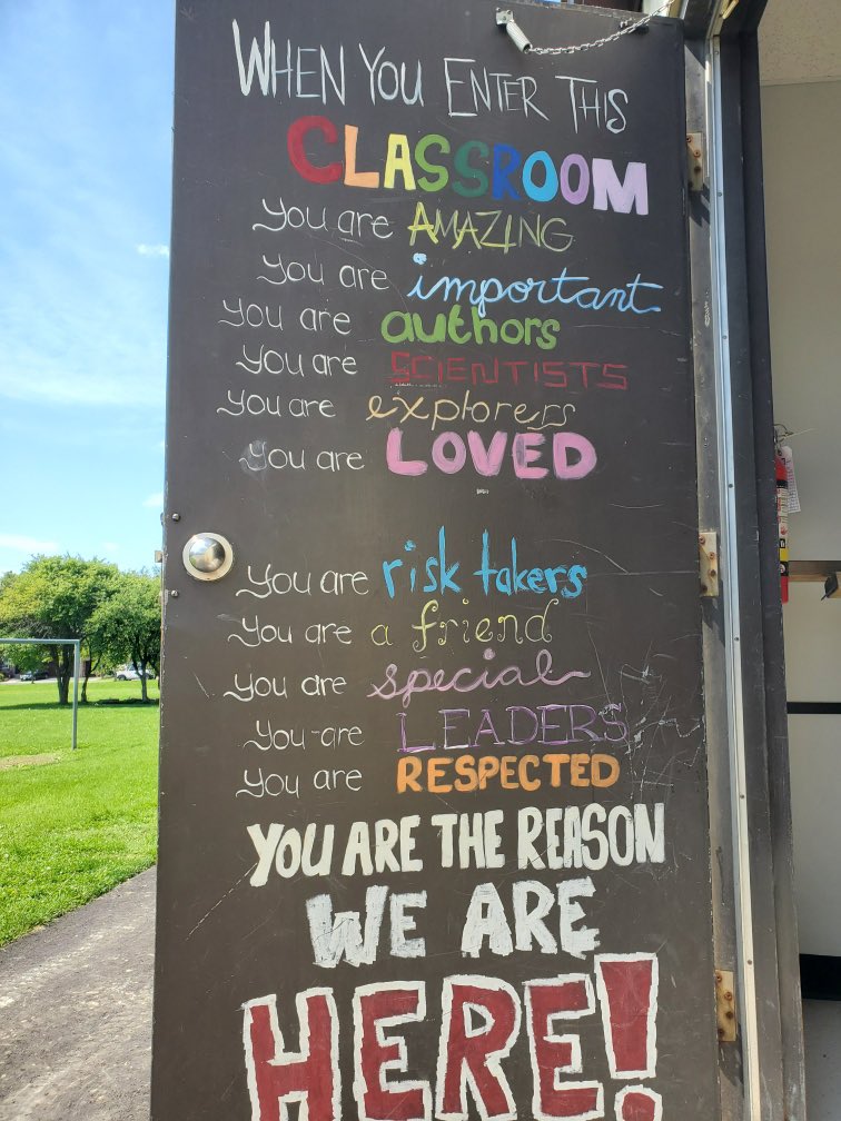 DanielleSavo's tweet photo. Getting ready to welcome @SKDCHS students in just over a week and stumbled across this beautiful artwork on one of our temporary classroom doors. Students, “you are amazing…you are loved… and you are the reason we are here! See you all very soon! https://t.co/6xeuIx79BD