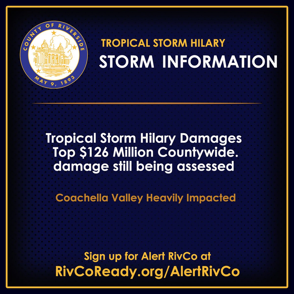 The damage left by #TropicalStormHilary is currently estimated at more than $126 million throughout all of #RivCo. Rainfall rates approached a 50-year storm for the Coachella Valley floor areas and in excess of a 1,000-year event in some mountain canyon areas.

News Release: