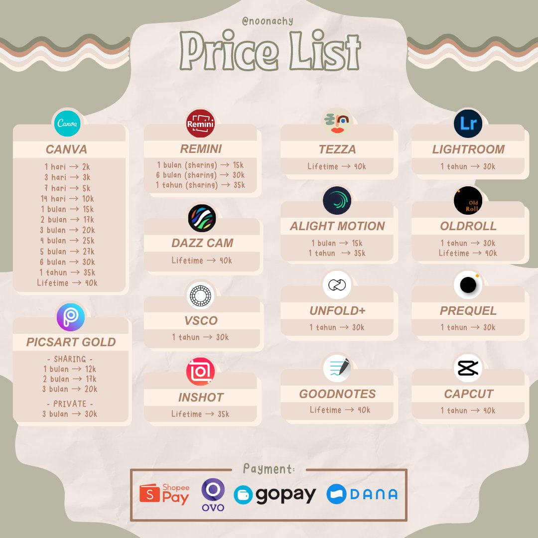 noonachy's tweet photo. @Hyoshinx haloo! aku open berbagai macam app prem yaaa🙆‍♀️💗
❀ order via DM/ https://t.co/f3DHypr3JI
❀ spay/dana/gopay/ovo

t. jual beli mau netflix vidio viu disney canva  youtube wetv hbo go iqiyi prime picsart capcut remini vsvo dazzcam goodnotes oldroll alight motion https://t.co/Dxmt5KWG3l