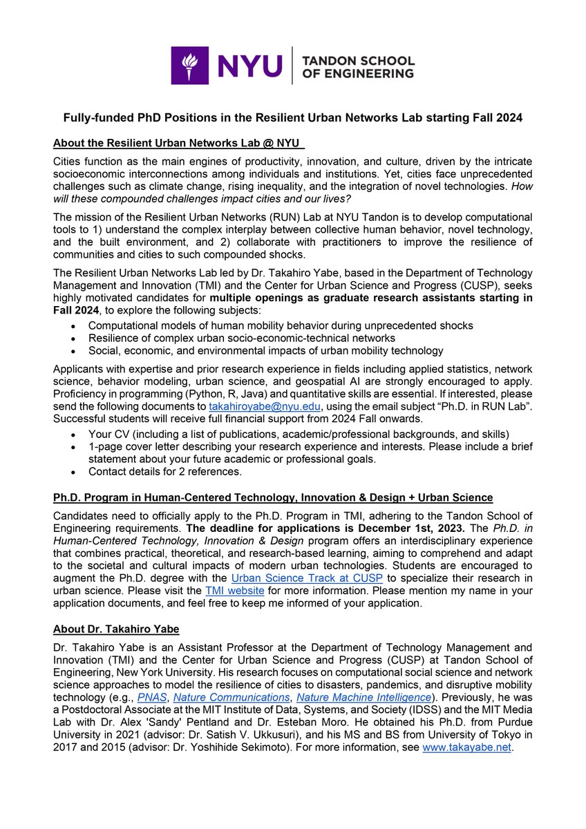 Takahiro Yabe (@takayabe_0505) on Twitter photo 📣I am recruiting multiple fully-funded Ph.D. students and postdocs from Fall 2024 to join me in starting up the Resilient Urban Networks Lab at <a href="/nyutandon/">NYU Tandon</a> <a href="/NYU_CUSP/">CUSP at NYU Tandon</a>. Please reach out if you have any questions! More about my research at takayabe.net. Please RT🙌! 📣I am recruiting multiple fully-funded Ph.D. students and postdocs from Fall 2024 to join me in starting up the Resilient Urban Networks Lab at <a href="/nyutandon/">NYU Tandon</a> <a href="/NYU_CUSP/">CUSP at NYU Tandon</a>. Please reach out if you have any questions! More about my research at takayabe.net. Please RT🙌!