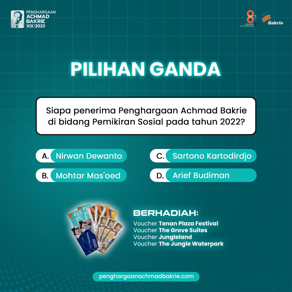 P_AchmadBakrie's tweet photo. GIVEAWAY ALERTS ✨
Ini syarat &amp; ketentuannya:

1. Follow akun ini
2. RT+likes tweet ini &amp; reply jawaban dengan hashtag #PenghargaanAchmadBakrie #BersinergiUntukIndonesia #81NEKA 
3. Akun hrs asli &amp; tdk private
4. Pengumuman pemenang hari Sabtu 26/08/2023
5. Keputusan juri mutlak https://t.co/47PgBd4VPA