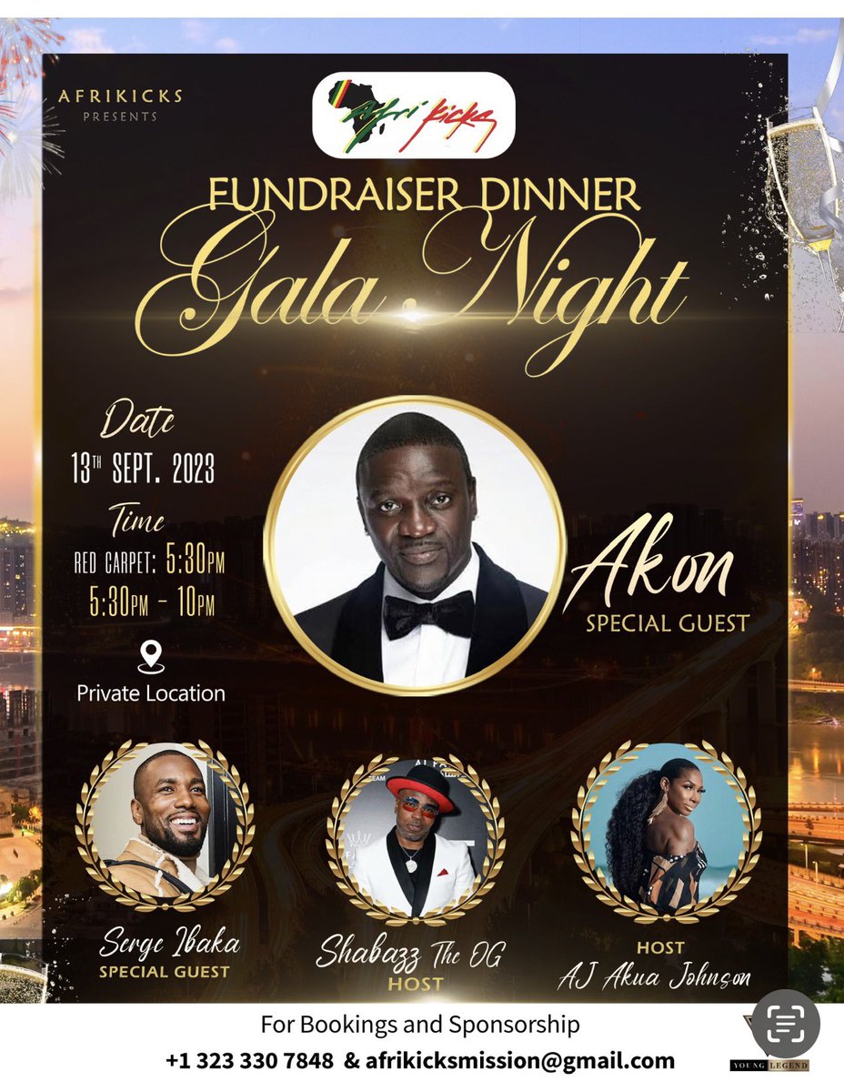 newoumarou's tweet photo. Afrikicks Fundraiser Dinner Gala September 13 in Los Angeles Host by Legendary Akon . Serge Ibaka come show your support for a great cause @KTLA @CBSNews @TMZ @latimes @Power106LA https://t.co/J9kR0JzWZ5