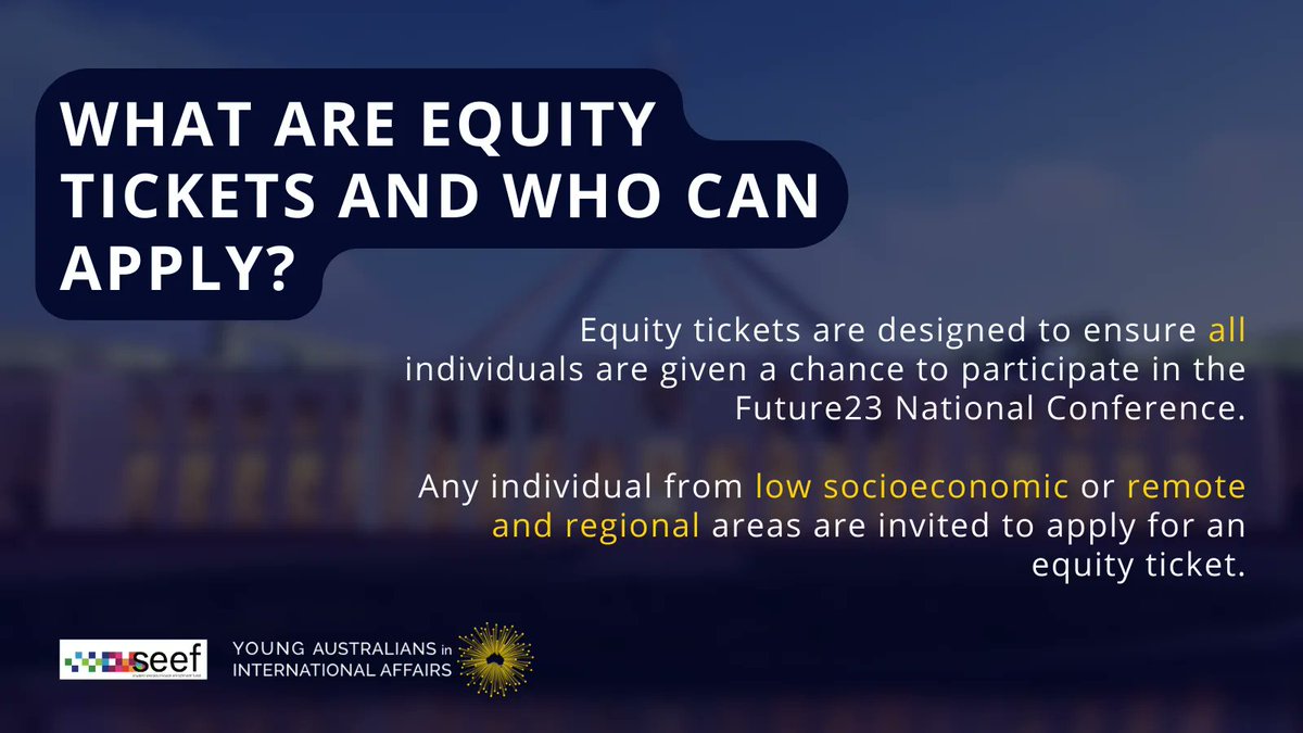 YoungAustIntAff's tweet photo. Have questions about equity tickets, eligibility, or how to apply? We've got the answers!
Apply now through our website and join us at ANU in Canberra on 14-15th September!
#Future23 #AccessForAll #NetworkingOpportunities #YAIA #F23 #Conference2023 https://t.co/mBBJGZN2Gg