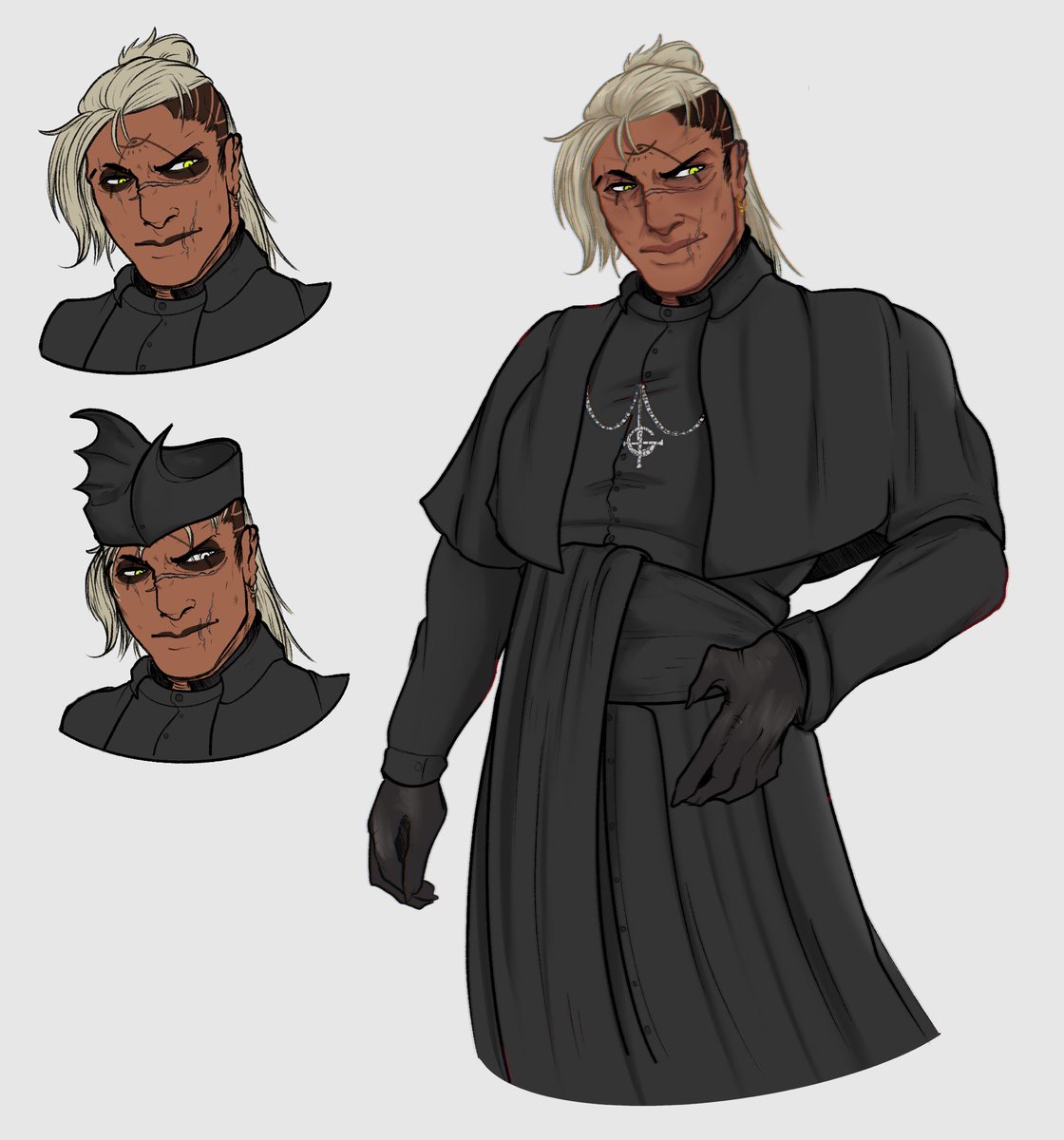 Casually draws my big scary eldritch lady oc in Cardinal garb bc I literally can’t get rid of the brainworms 

( with the paint and silly hat too )