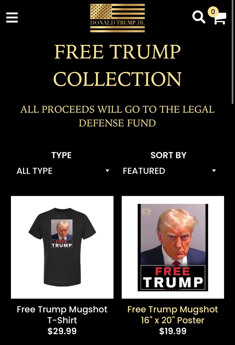 DonaldJTrumpJr's tweet image. Free Trump Merch! To be clear all profits from this on my Web Store are going to be donated to the Legal Defense Fund to fight the tyranny &amp;amp; insanity we’re seeing before us. Unlike many, I won’t try to profit from this but will do what I can to help. shopdonjr.com/collections/fr…