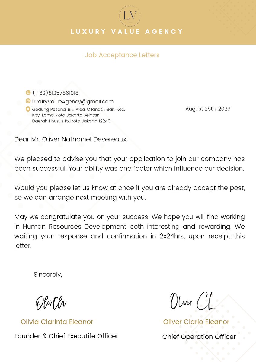 LVA_OFFICE's tweet photo. ⠀⠀⠀
⠀⠀⠀
    ㅤㅤ[ 📨 Email Delivered ]

To: oliverndevereaux@gmail.com (@Qonsieur) 
From: LuxuryValueAgency@gmail.com
Cc:
olivclare@gmail.com
(@meltead)
ClariOliver@gmail.com
(@CARMALAIDE)
Subject: Job Acceptance Letter 

⠀⠀⠀ https://t.co/tUoyXysA7m