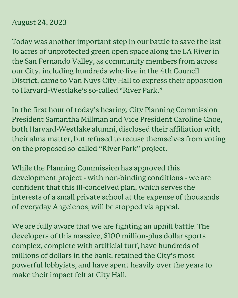 KeepSCGreen's tweet photo. Read our statement regarding today's City Planning Commission vote. 👀 We urge @cd4losangeles, along with other Councilmembers to say “NO” to big money, backroom deals, and special interests that serve the needs of the few, at the expense of the rest of us. #SaveWeddington https://t.co/l9DZ27sSBN