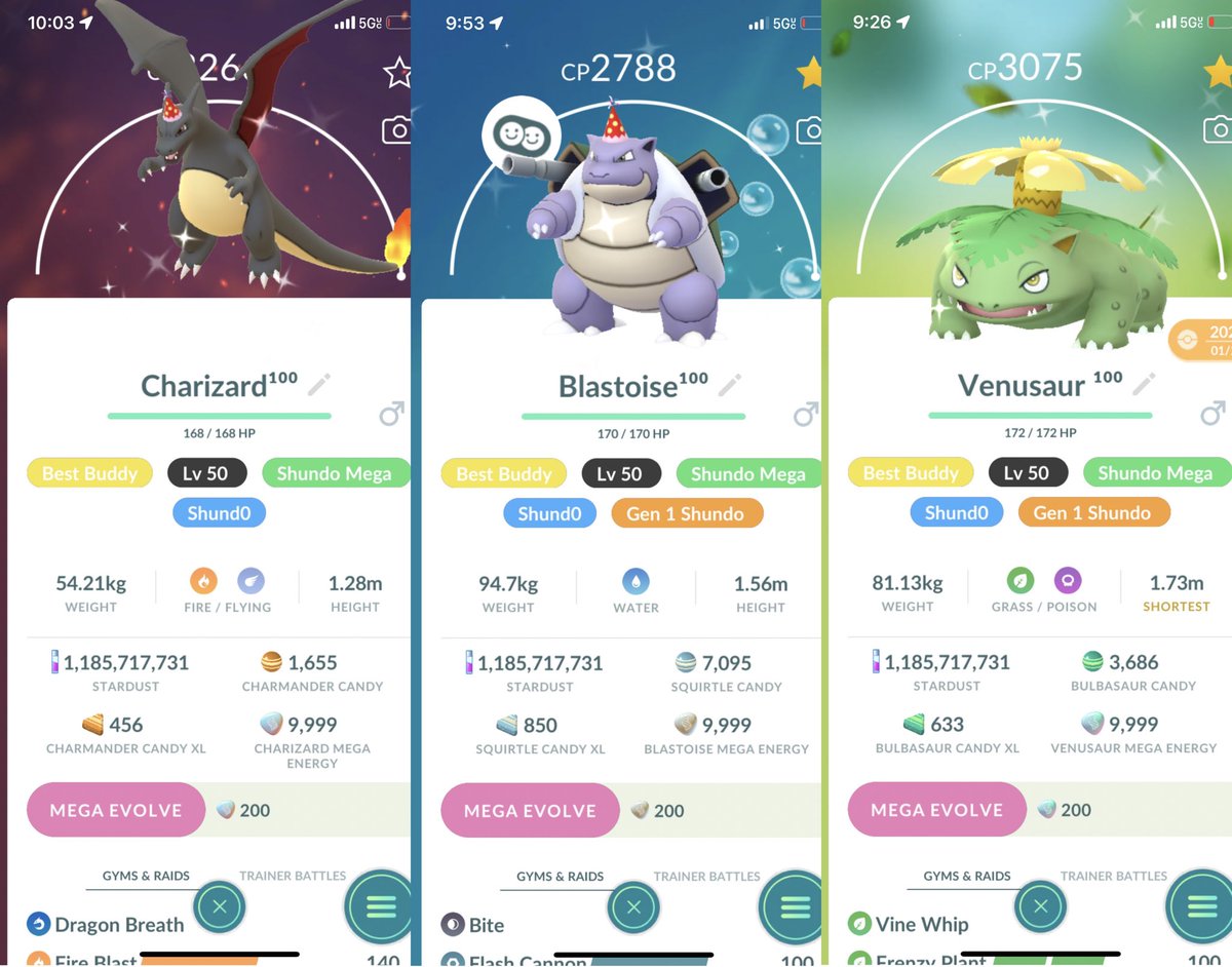 GuarCristian's tweet photo. Having Fun Maxing Out My Favorites Pokemons 🎊🎉🤩
#PokemonGO #ShinyPokemon #ShinyCharizard #ShinyBlastoise #ShinyVenusaur #Shiny https://t.co/xN7yy80IzQ