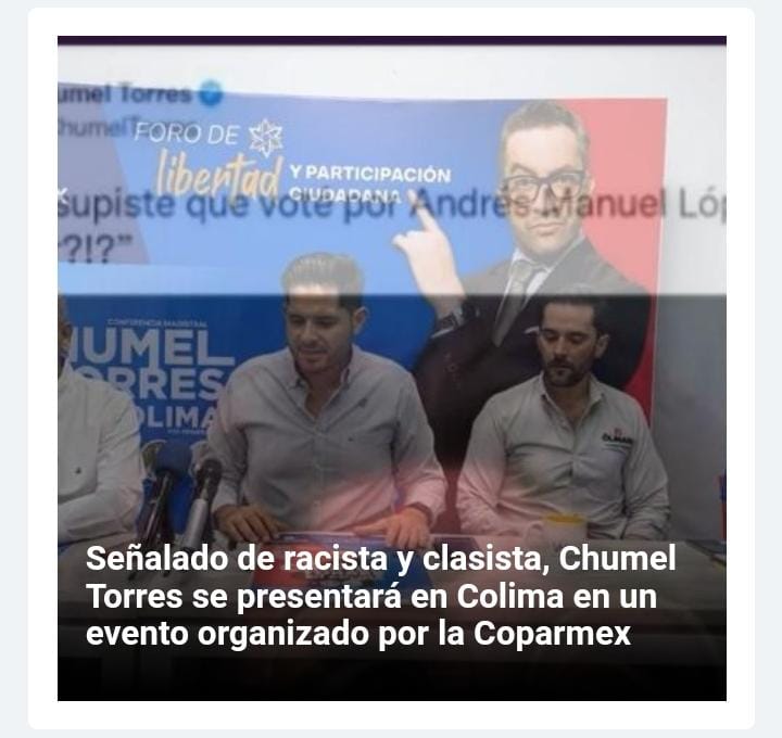 Pese a que ha sido señalado en reiteradas ocasiones como clasista y racista, el comediante y youtuber <a href="/ChumelTorres/">Chumel Torres</a> se presentará en el estado de #Colima en un evento organizado por la  <a href="/Coparmex/">Coparmex Nacional</a>.

Leer: tinyurl.com/4cprkup7