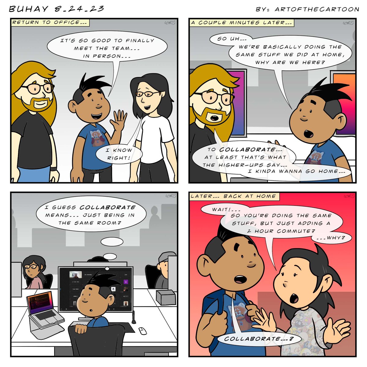 artofthecartoon's tweet photo. Buhay 8.24.23. Return to office: Collaborate. It really is good to meet the team irl, but for reals, I think we get more work done at home 🤦🏽‍♂️ but hey, collaborate 🤷🏽‍♂️ #art #comics #buhay #cncbuhay #filipino #workadventures #observations #returntooffice #collaborate #canigohomenow https://t.co/oyrIeIxj85