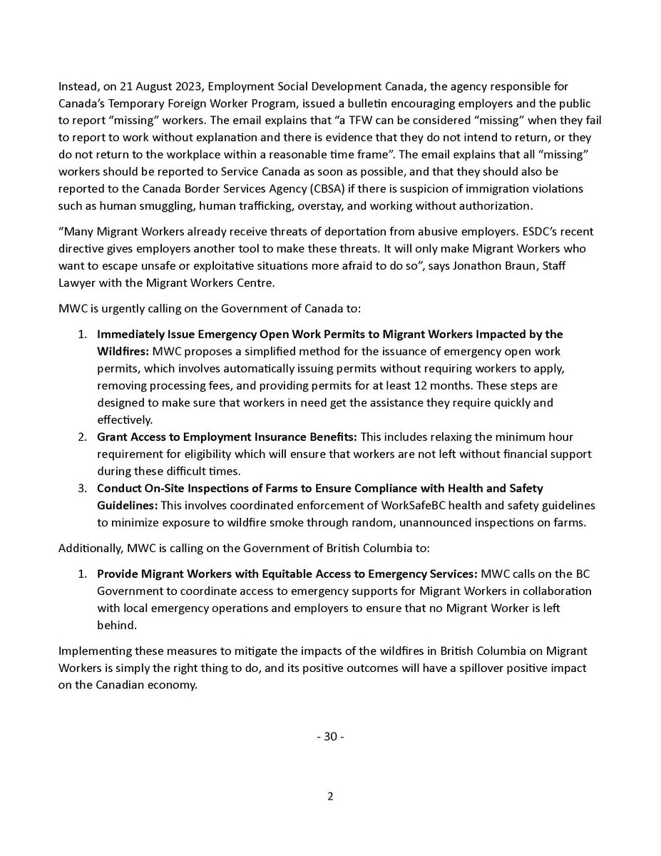 Today, MWC issued a press release to call on the Governments of Canada and BC to address the severe impacts that the BC wildfires are having on Migrant Workers, particularly in the Okanagan Valley @CCPA_BC @PovReductionBC @WorkerSol_BC @bcfed @ESDC_GC @CitImmCanada