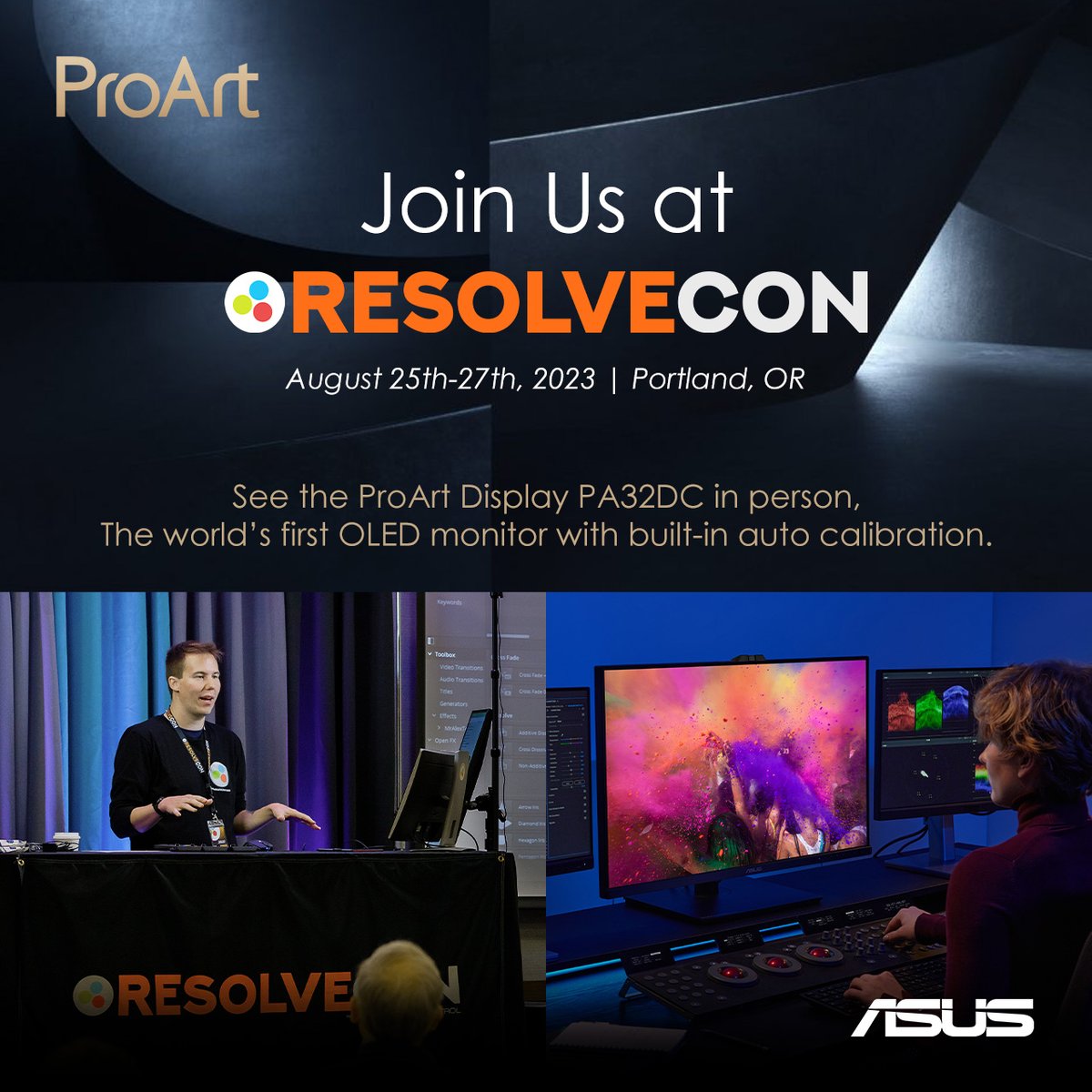 Join us as industry professionals will be showcasing the #ProArt PA32DC OLED Display at ResolveCon 2023 🖥️

Catch the livestream to watch all of these insightful workshops throughout the entire weekend!

#DavinciResolve #ResolveCon