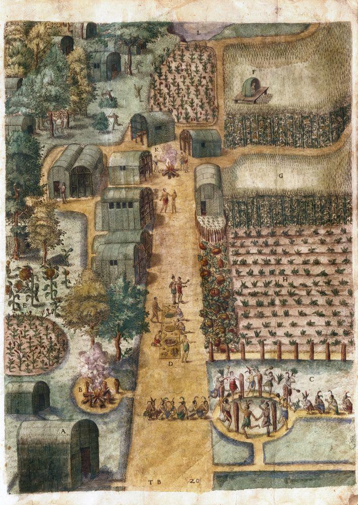 vintagemapstore's tweet photo. Native American village in the year 1585, painted by colonist John White. https://t.co/WCtNQwKSl4