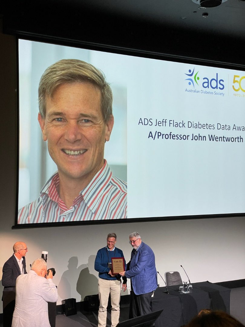 Type1Screen's tweet photo. Type1Screen’s A Prof John Wentworth was presented with the Jeff flack data award at the #23ADC . Delegates heard his presentations of @T1D_TrialNet #abatacept and #hydroxychloroquine trial outcomes. Congratulations John 👏 https://t.co/NfaIvKVjOq
