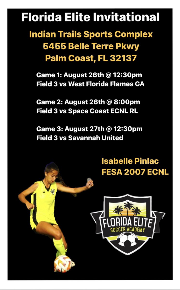 Florida Elite Invitational this weekend in Palm Coast. Let’s go out and represent our club in a strong showing for our home tournament 2007 ECNL. 💛🖤⚽️