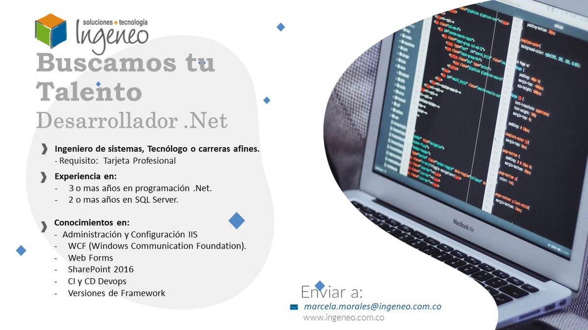 IngeneoSAS's tweet photo. Estamos en búsqueda de un desarrollador con conocimientos en programación .Net.
 Enviar hoja de vida a marcela.morales@ingeneo.com.co
 #ingeneo #trabajosihay #empleo #ofertalaboral #vacantes #software #net #C  #sqlserver #WCF #sharepoint https://t.co/4qJZH5jSEZ