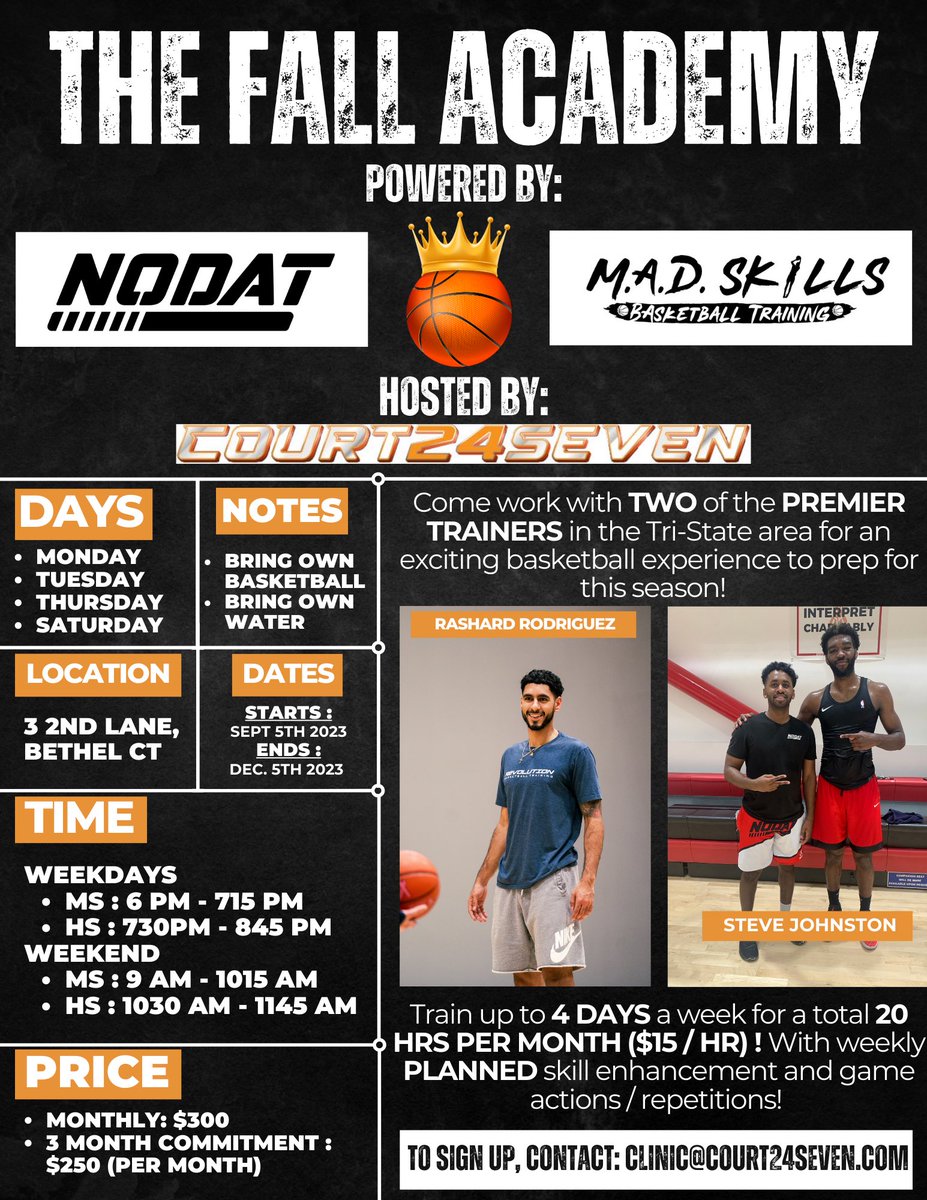 Check out our fall basketball academies ! One in Hartford County &amp; the other Fairfield / Putnam County ! 

If you know anyone who would want to prepare for the winter season, we can guarantee results and improved confidence ‼️ Check us out 🙏🏾