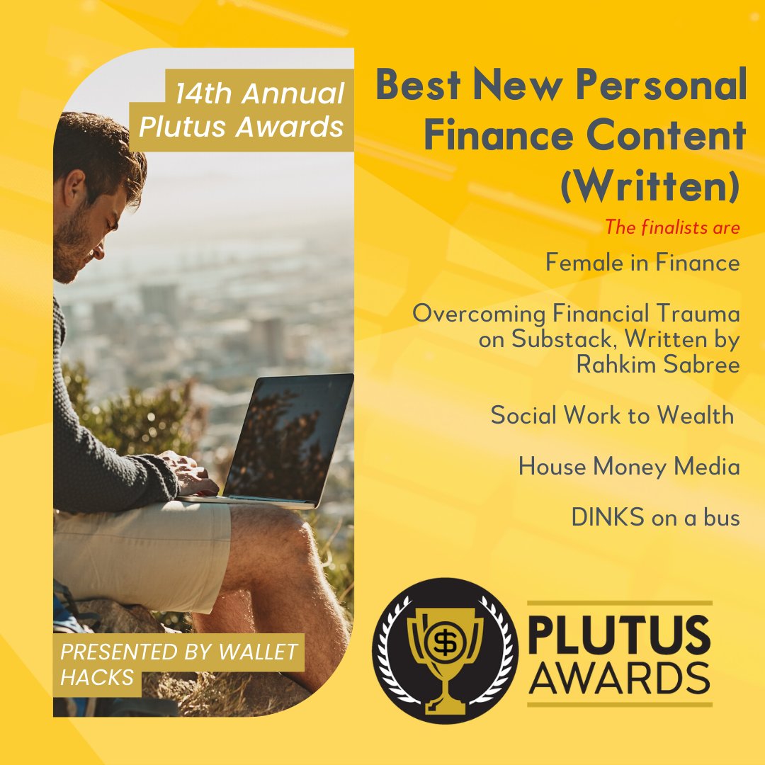 PlutusAwards's tweet image. We're delighted to announce finalists for 4 categories of the 14th Annual Plutus Awards!
@jasonvitug @phroogal
@inspired_budget
@HeyBerna
@earnaninvest
@herfirst100K
@LPinfinance
@RahkimSabree
@socworktowealth
@RealEstateMaxi
@adultingiseasy
@Thefrugalgay11 @dinksonabus