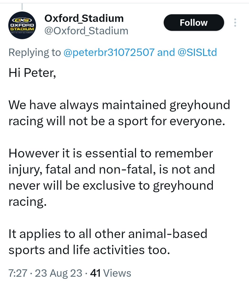 YouBetTheyDie's tweet photo. What a warped and twisted justification is this @Oxford_Stadium?
"Dogs die anyway so it's OK for us to deliberately endanger their lives &amp; health for money by racing them round a dangerously configured oval track?" 
#NationalGreyhoundWeek no it's a 
#NationalGreyhoundShame https://t.co/qMMlH65G75