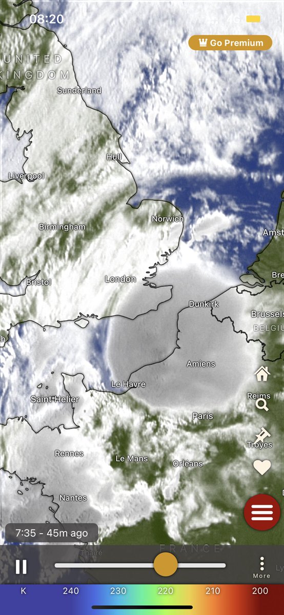 ticktockhouse's tweet photo. So this very circular cloud formed over SE England/Northern France this morning #weirdweather #climatechange https://t.co/g4tFaBRaDW