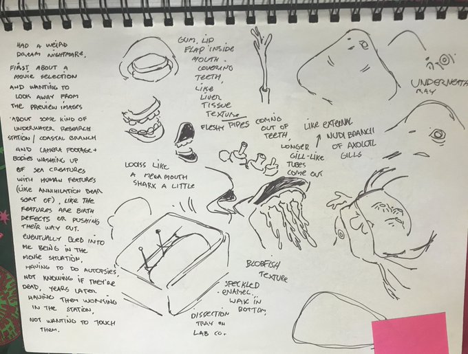 sketchbook page from 2021 about a nightmare I had. the thing about the liver texture and the weird pipes being buried in teeth really bothered me at the time. i think I'm very afraid of the sea 
