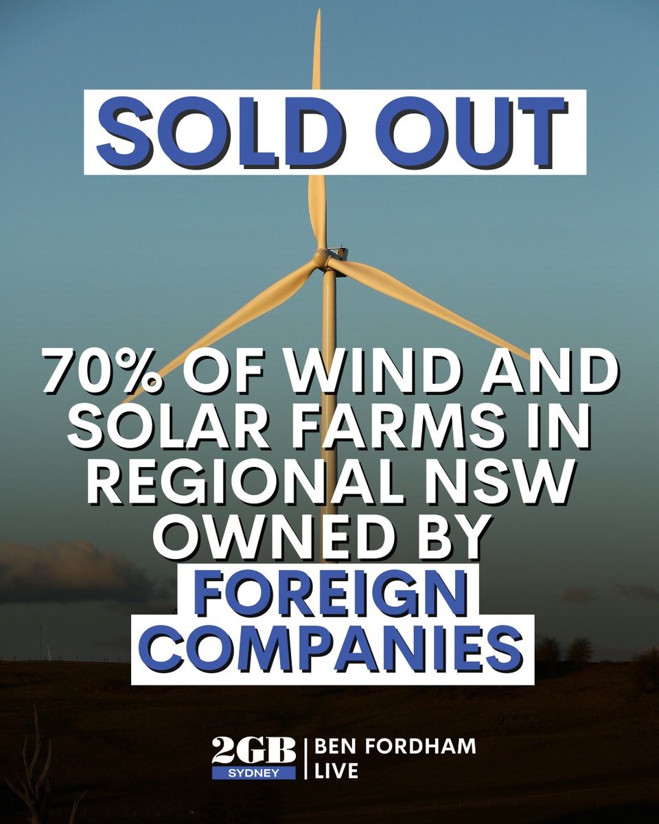 BenFordhamLive's tweet photo. Australian farmers are sounding the alarm.

70% of wind farms in our regions are foreign owned.

Overseas billionaires are laughing all the way to the bank…

🎧https://t.co/urzbn3B9Q1🎧 https://t.co/XbPYLxhmff