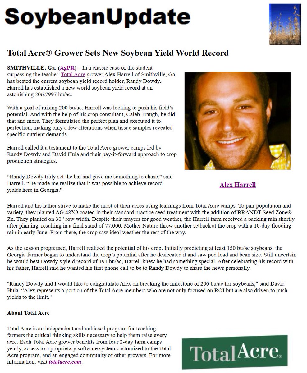 via SoybeanUpdate.com:  Total Acre® Grower Sets New Soybean Yield World Record. Alex Harrell has established a new world soybean yield record at an astonishing 206.7997 bu./ac. <a href="/AlexHarrell21/">Alex Harrell</a> <a href="/dowdycrop/">Total Acre</a> agnewscenter.com/archives.cfm?n… #profitability #sustainability #farm4profit