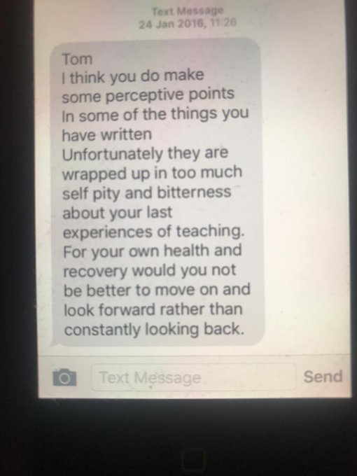 Ppl sometimes ask me, 'Why do you talk about toxicity in education?'. In December 2015, I left a school where I'd ended up making myself ill and needed 6 months out of edu to recover. In some ways, I never did. 

In Jan 2016, I received the one and only contact I had from my then