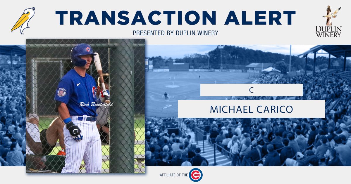 Pelicanbaseball's tweet photo. The Davidson Wildcat is back in the Carolinas!

We have added @Cubs 2023 fifth-round pick Michael Carico to our roster!

Carico led the country with a .559 on-base percentage in 2022.

Photo: @biest22 

#MBPelicans | #NextStartsHere https://t.co/MOp0NvliJc