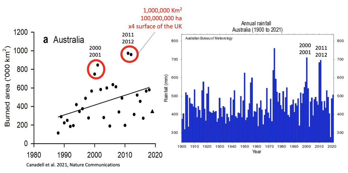 And here is another graph comparison to show that the most burned hectares in Australia occur right after big La Niña years twitter.com/pepcanadell/st…