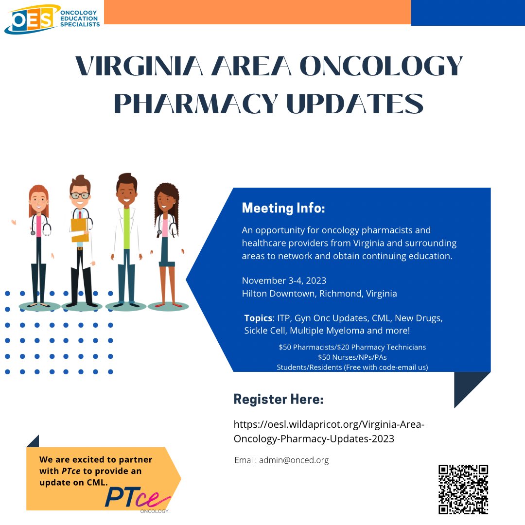 Calling pharmacists and oncology professionals in Virginia, Maryland and DC! Join your colleagues in Richmond for a day of learning, networking and always good food! Nov. 3-4, 2023 at the Hilton Downtown. oesl.wildapricot.org/Virginia-Area-…