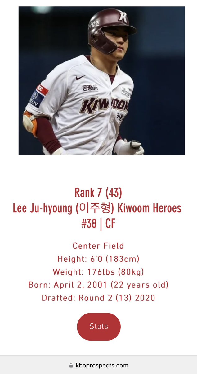Kiwoom Heroes new acquisition from the Choi Won-tae trade Lee Ju-hyoung has been on fire & is now a top 50 prospect. The 22 year old CF is batting .317 with a .849 OPS.

For all the other top 50 prospect updates: kboprospects.com

#이주형 #KiwoomHeroes