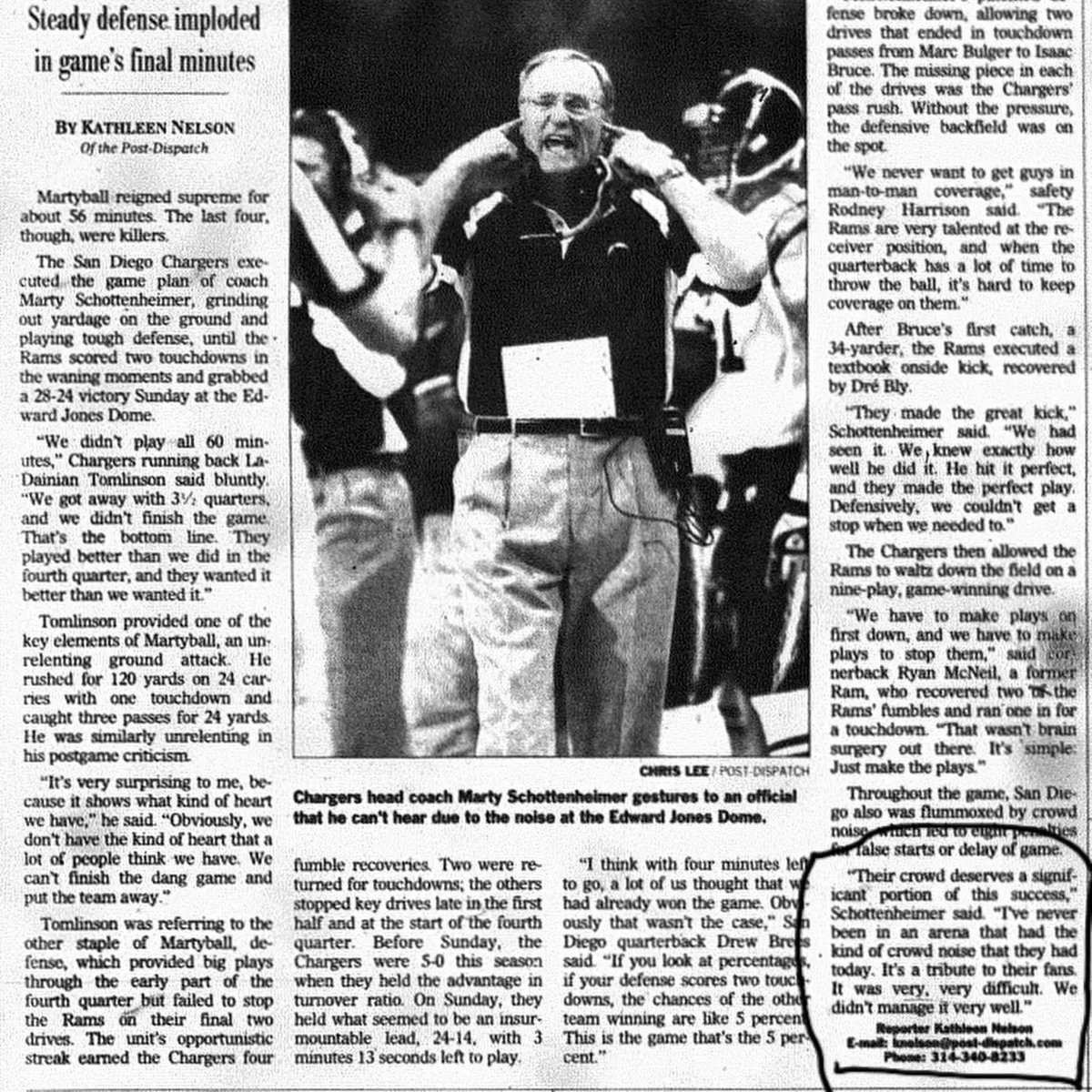 STLRamsHistory's tweet photo. Friendly reminder, Marty Schottenheimer once called St. Louis the loudest fans:

“Their crowd deserves a significant portion of this success… I’ve never been an arena that had the kind of crowd noise that they had today. It’s a tribute to their fans. It was very, very difficult” https://t.co/wfEB8aumRL