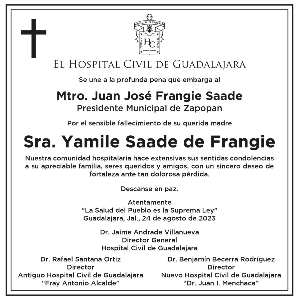 JaimeAndradeV's tweet photo. Nuestro fraternal abrazo y sentidas condolencias al Alcalde @JuanJoseFrangie @ZapopanGob ante el dolor por el sensible fallecimiento de su querida madre, Sra. Yamile Saade de Frangie. Reciba nuestra solidaridad sincera, extensiva a su familia y seres queridos. Descanse en paz. https://t.co/Jn9q08PAiE