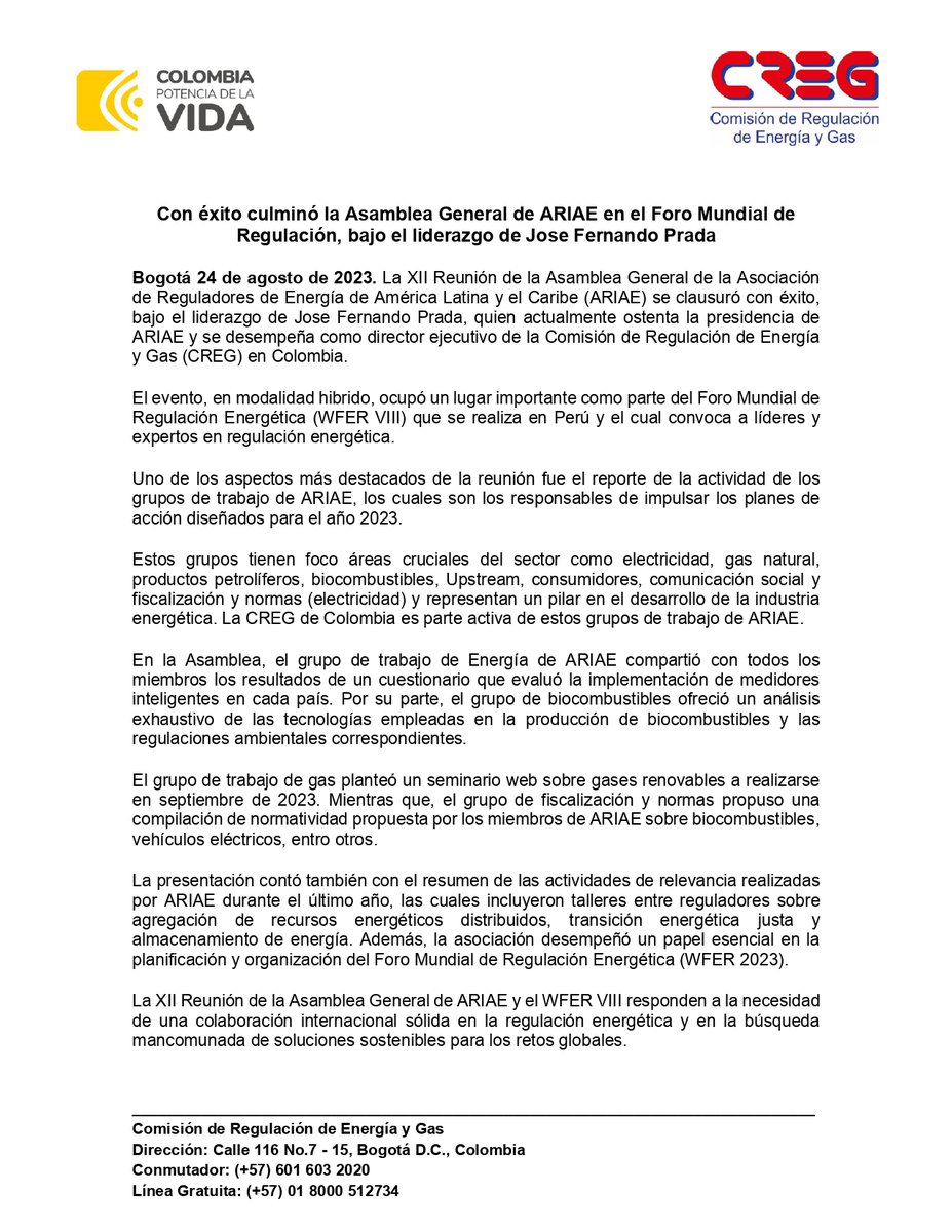 comisioncreg's tweet photo. Boletín. Con éxito culminó la Asamblea General de la Asociación Iberoamericana de Entidades Reguladoras de la Energía @ARIAEorg en el Foro Mundial de Regulación, bajo el liderazgo de Jose Fernando Prada R, director de la CREG @OSINERGMIN #WFER #wferperu2023 #Perú #ForoMundial https://t.co/VUOCy1ugDB