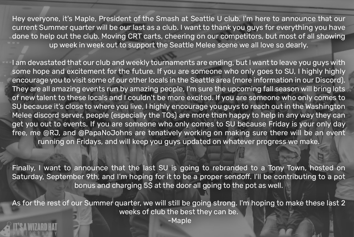 WashingtonMelee's tweet photo. A message from @LSchoenberg_ regarding the future of Seattle University Weeklies https://t.co/SKoHwOWHVE
