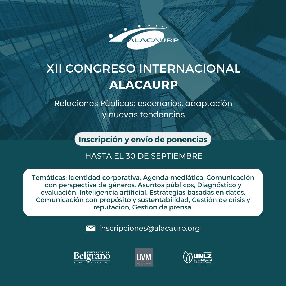 Te invitamos a participar de la mesa de ponencias en el marco del XII Congreso “Relaciones Públicas: escenarios, adaptación y nuevas tendencias”. 
🗓️ 5 y 6 de octubre.
⏰ Horario intermedio.
🔗 Link de inscripción forms.gle/FLFoyRpBYNxrjQ…
¡Te esperamos!