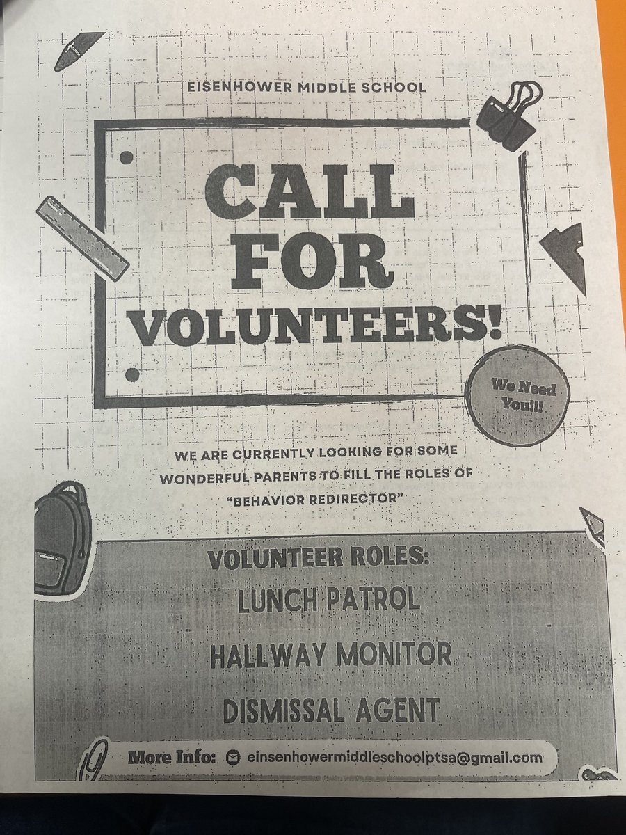HCPS_Eisenhower's tweet image. We are looking for Adult Volunteers to be supports and provide additional supervision. Complete the clearance paperwork and stop by! #avidtutors #PTSA @ptsa_eisenhower #hallmonitor #CopyManagers #mentorship #dismissalduty @HillsboroughSch