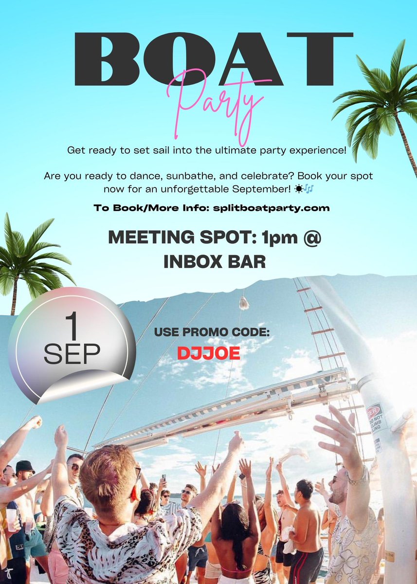 itsjoepineda's tweet photo. Get ready to set sail into the ultimate party experience!
Are you ready to #dance, #sunbathe, and #celebrate? #Booknow for an unforgettable #September! βοΈπΆ
#boatpartysplit #splitcroatia #partycroatia #boatparty #livedj #sunsetparty #croatiaparty #splitparty #splitsummer https://t.co/tXqJ3i7LFL