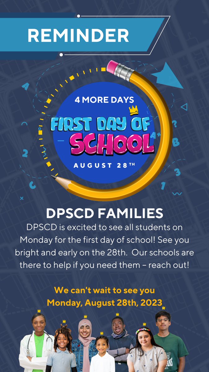DPSCD is excited to see all students on Monday for the first day of school! See you bright and early on the 28th.  Our schools are here to help! If you need us, don't hesitate to reach out!   

#TheFutureIsRising #StudentsRiseWeAllRise #WeAreDPSCD