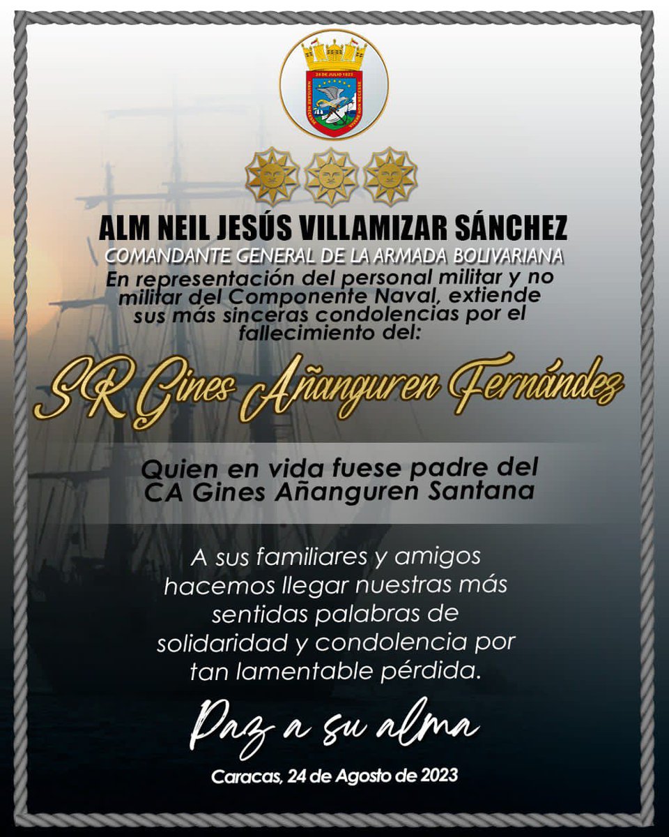 ArmadaFANBVzla's tweet photo. Desde el Puente de Mando de la @ArmadaFANBVzla nos unimos al luto que embarga al CA Gines Añanguren Santana por la irremediable pérdida de su Sr. Padre. Rogamos a Dios omnipotente que le dé el descanso eterno y regocije a todos sus seres queridos.
✝️Q.E.P.D✝️ https://t.co/mCybHiqyRV
