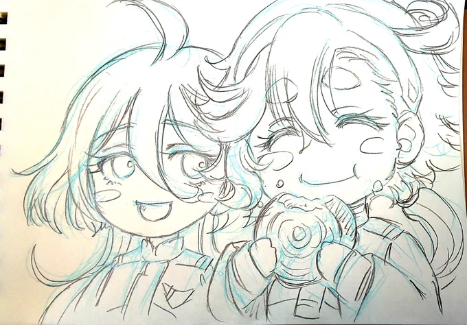 出先からおはよーございますメモ替わりの小さなクロッキーでの #リハビリ絵きりかぶクーヘンを丸かじりするスレちゃん!#スレミオ#水星の魔女#G_Witch 