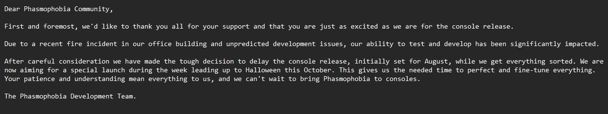 PlayPhasmo's tweet image. We have an update on our console release.

#Phasmophobia #Xbox #PlayStation