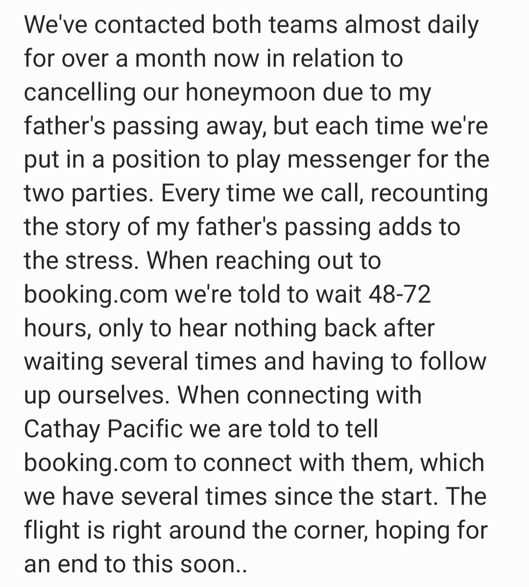 ayshasidiq's tweet photo. @cathaypacific Hi Cathay! We'd love a perfect balance of customer service too 💗 My father passed away recently 💔, and I've been trying to get you and @bookingcom to help me out for over a month now. #bookingcom #cathaypacific #traveltrouble https://t.co/yOLrAMJD8s https://t.co/HHjme6sp8s