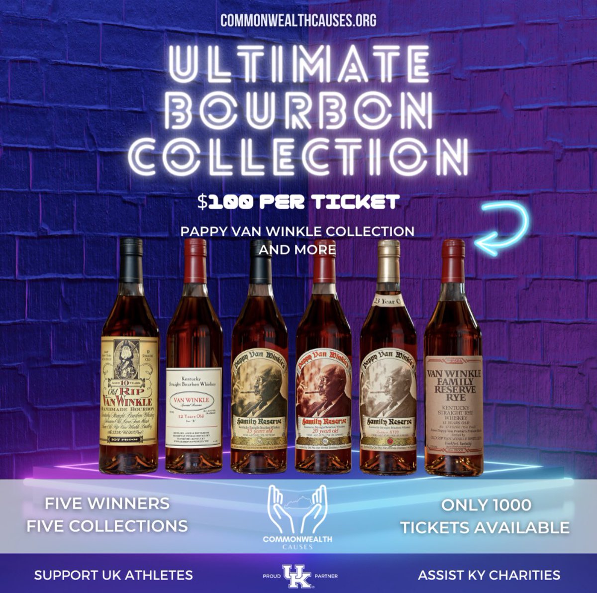 KYCauses's tweet photo. 🚨 ⏰ LESS THAN TWO HOURS LEFT to make sure you have tickets for ALL 3 of the drawings happening tonight! The Ultimate Bourbon Collection, Queen of Hearts, and our surprise experience- The EXCLUSIVE ACCESS UK Football Game! But the best part is, we'll have 7 GUARANTEED WINNERS tonight! Head on over to https://t.co/7D69WWiNLe to enter and bid for some unforgettable experiences! 

#BBN #raffle #kycauses #NIL