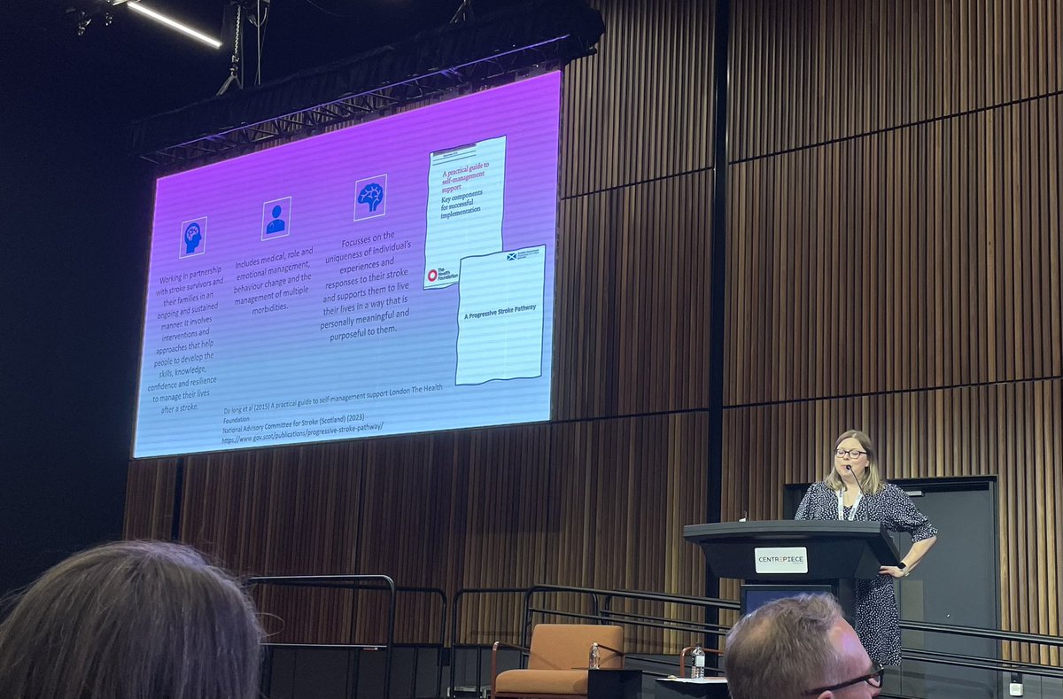 @lisakidd22 presenting her plenary on the importance of supported self-management after stroke - essential to reclaiming identity @CaledonianNews #stroke2023 #Melbourne @SSA_Stroke